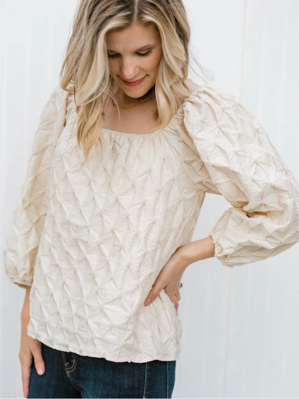 Polagram Square Neck Cream Yellow Textured Lined 3/4 Balloon Sleeves Large 10 12